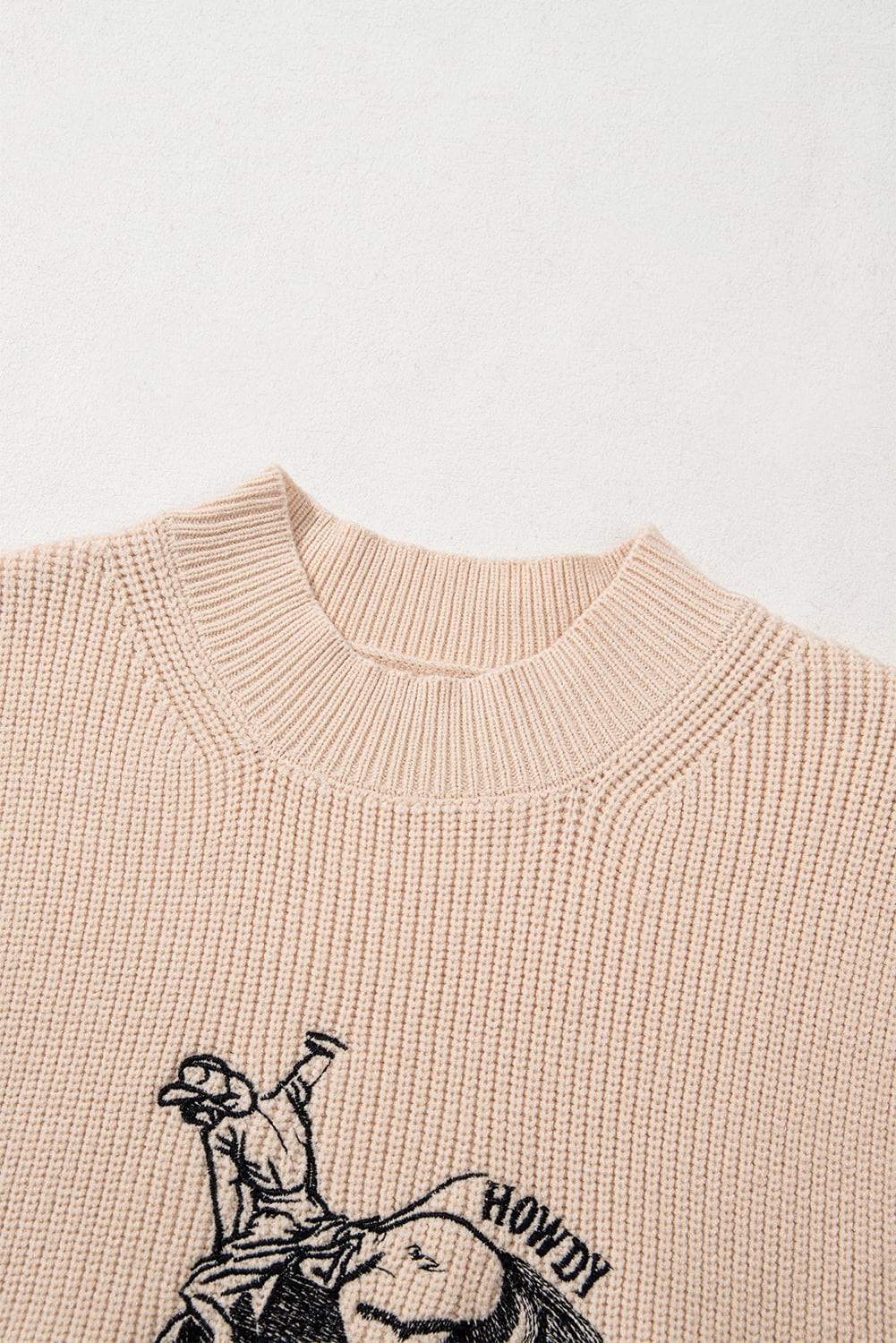 Oatmeal HOWDY Rodeo Cowboy Graphic High Neck Short Sleeve Sweater