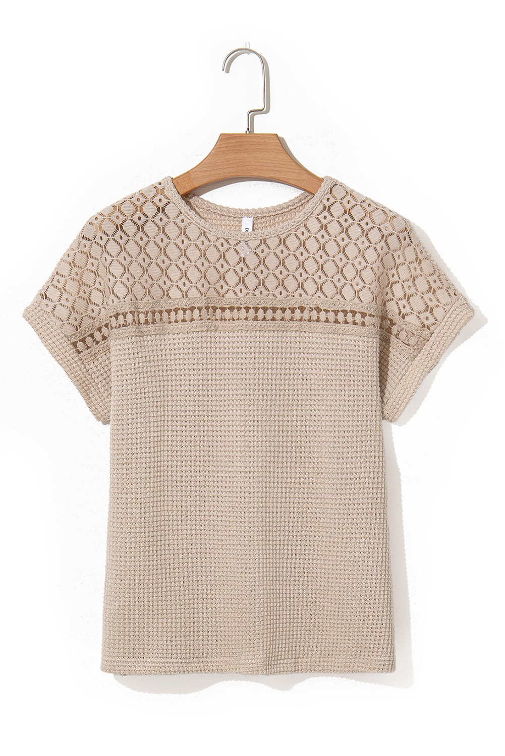 Oatmeal Lace Patchwork Waffle Short Sleeve Top
