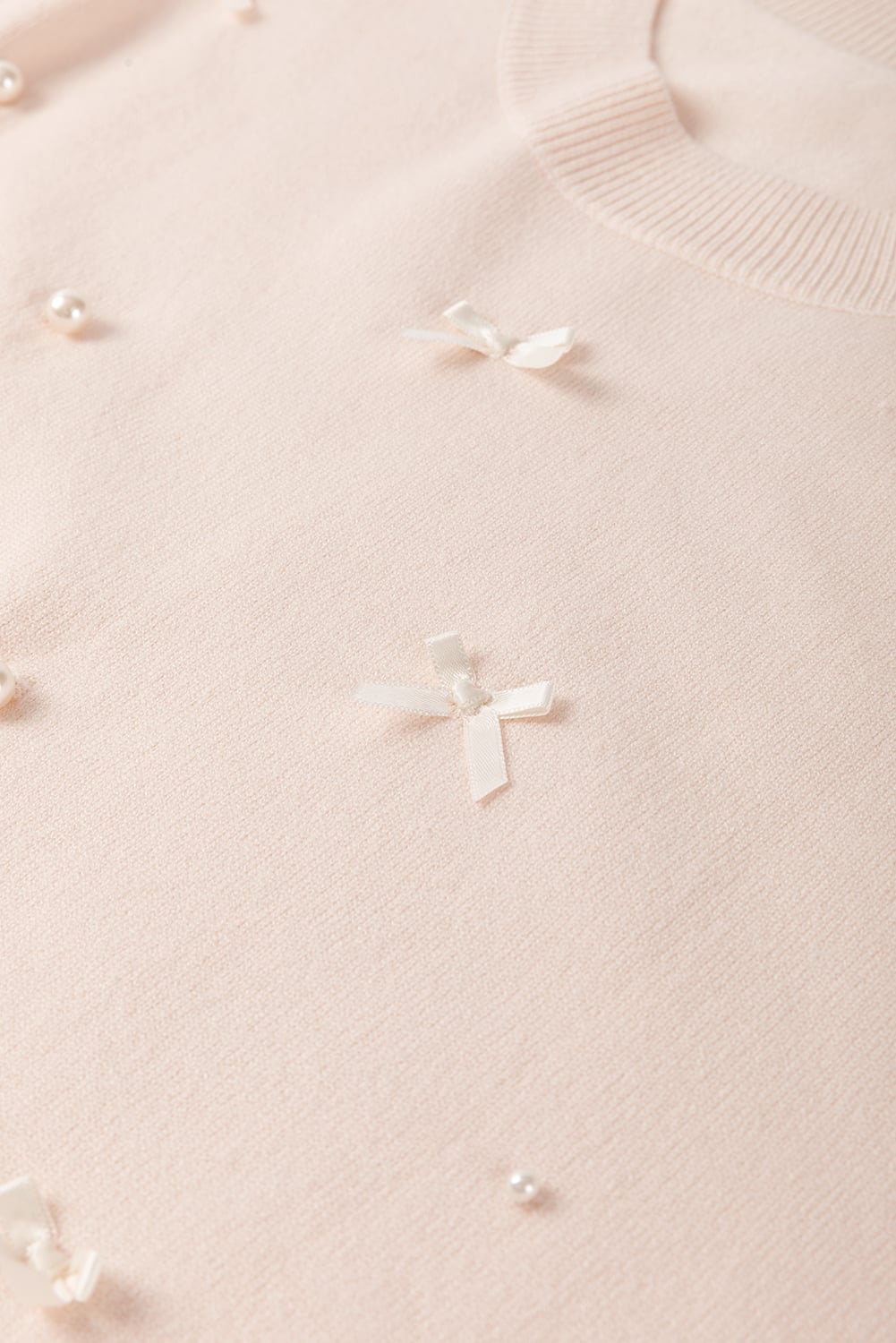 Oatmeal Pearl Bow Embellished Dolman Short Sleeve Sweater