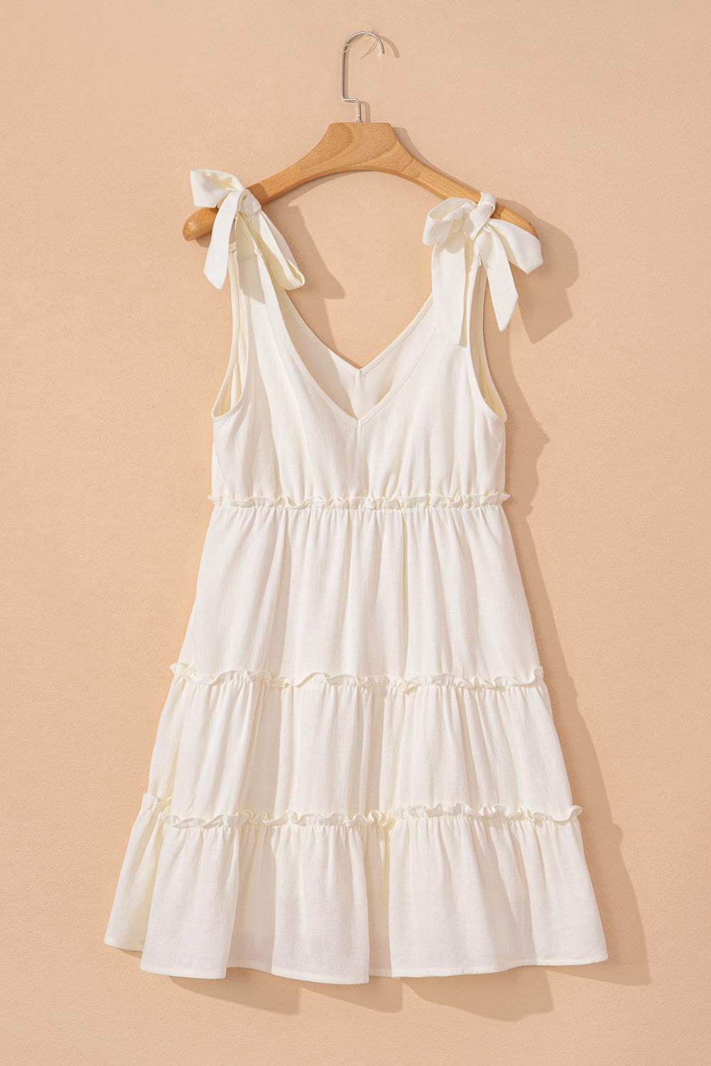 Oatmeal Solid Color Tied Straps Ruffle Tiered Mini Dress