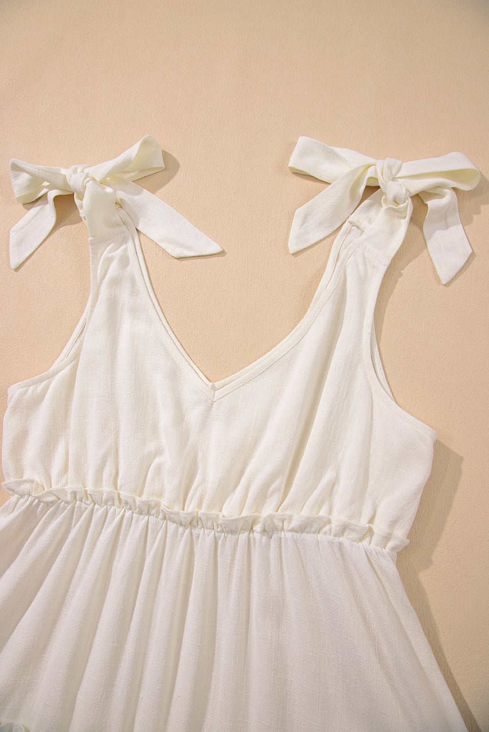 Oatmeal Solid Color Tied Straps Ruffle Tiered Mini Dress
