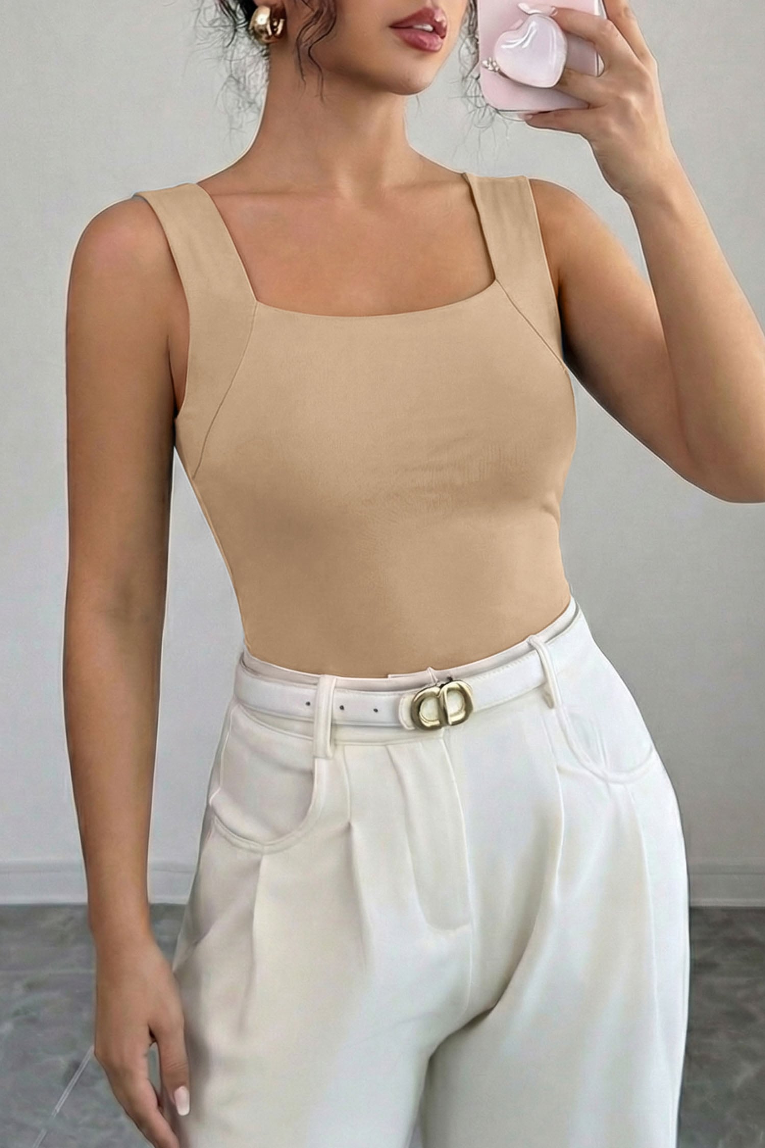 Oatmeal Solid Color Wide Strap Splicing Athleisure Tank Top