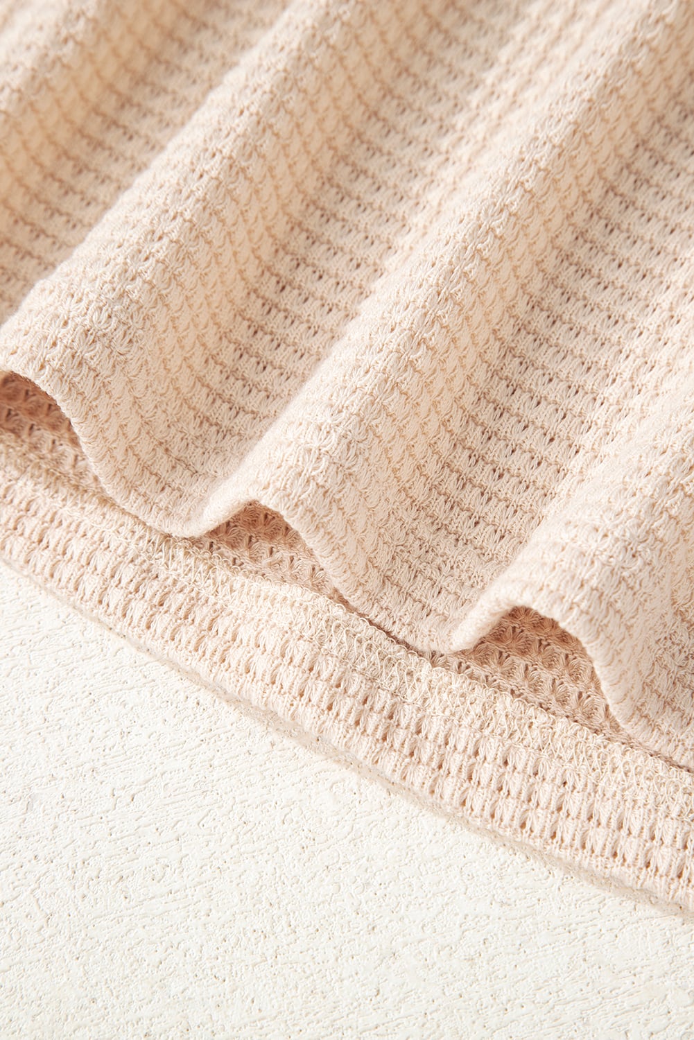 Oatmeal Waffle Patchwork Drop Shoulder Hooded Long Sleeve Top