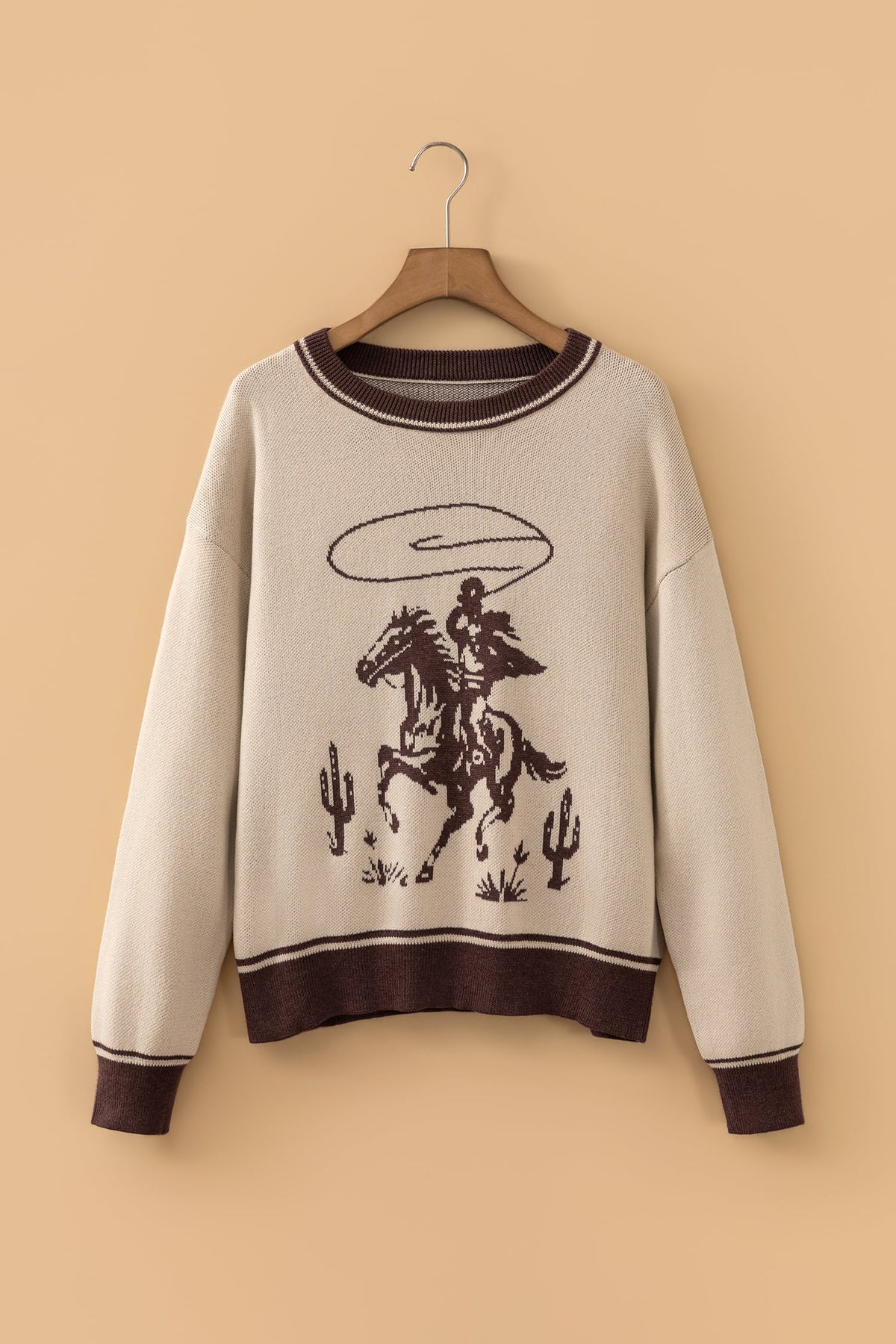 Oatmeal Western Print Color Block Ribbed Trim Crew Neck Shift Sweater