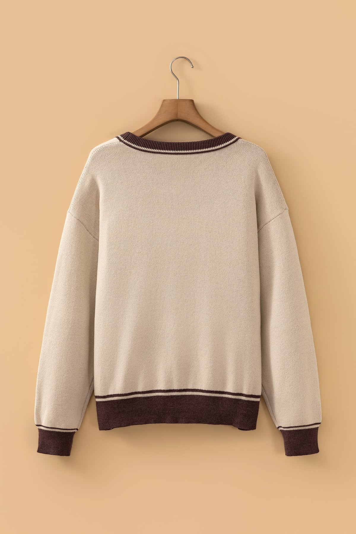 Oatmeal Western Print Color Block Ribbed Trim Crew Neck Shift Sweater