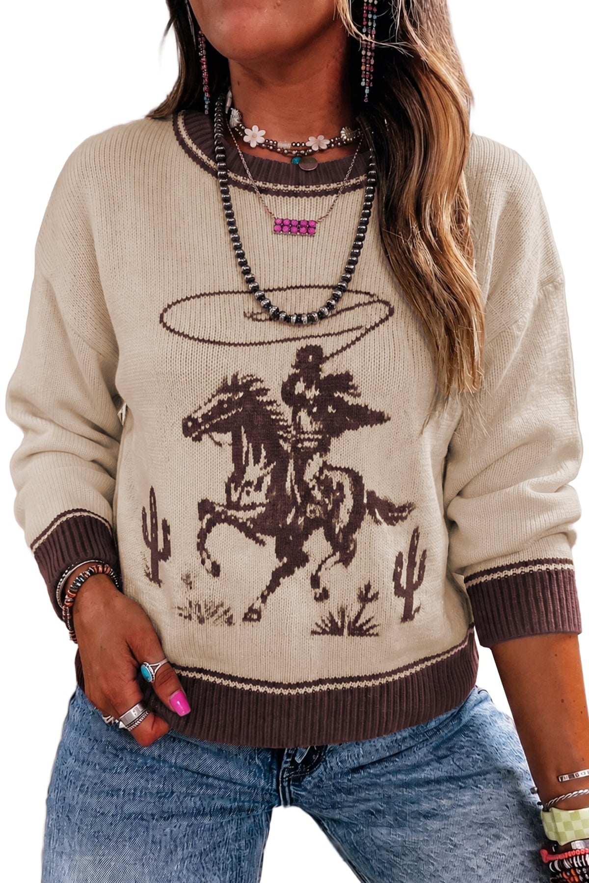 Oatmeal Western Print Color Block Ribbed Trim Crew Neck Shift Sweater