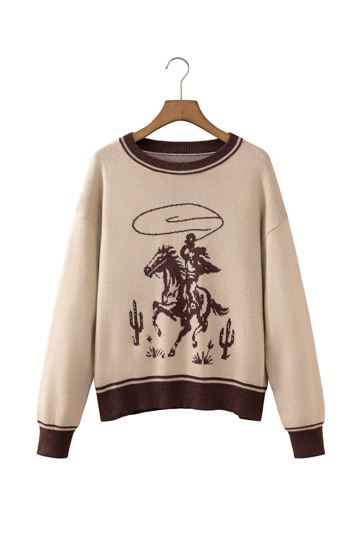 Oatmeal Western Print Color Block Ribbed Trim Crew Neck Shift Sweater