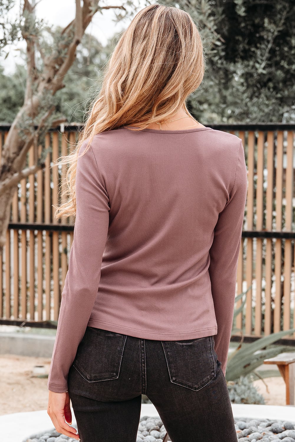 Old Rose Gathered Bust Square Neck Ribbed Fit Long Sleeve Top