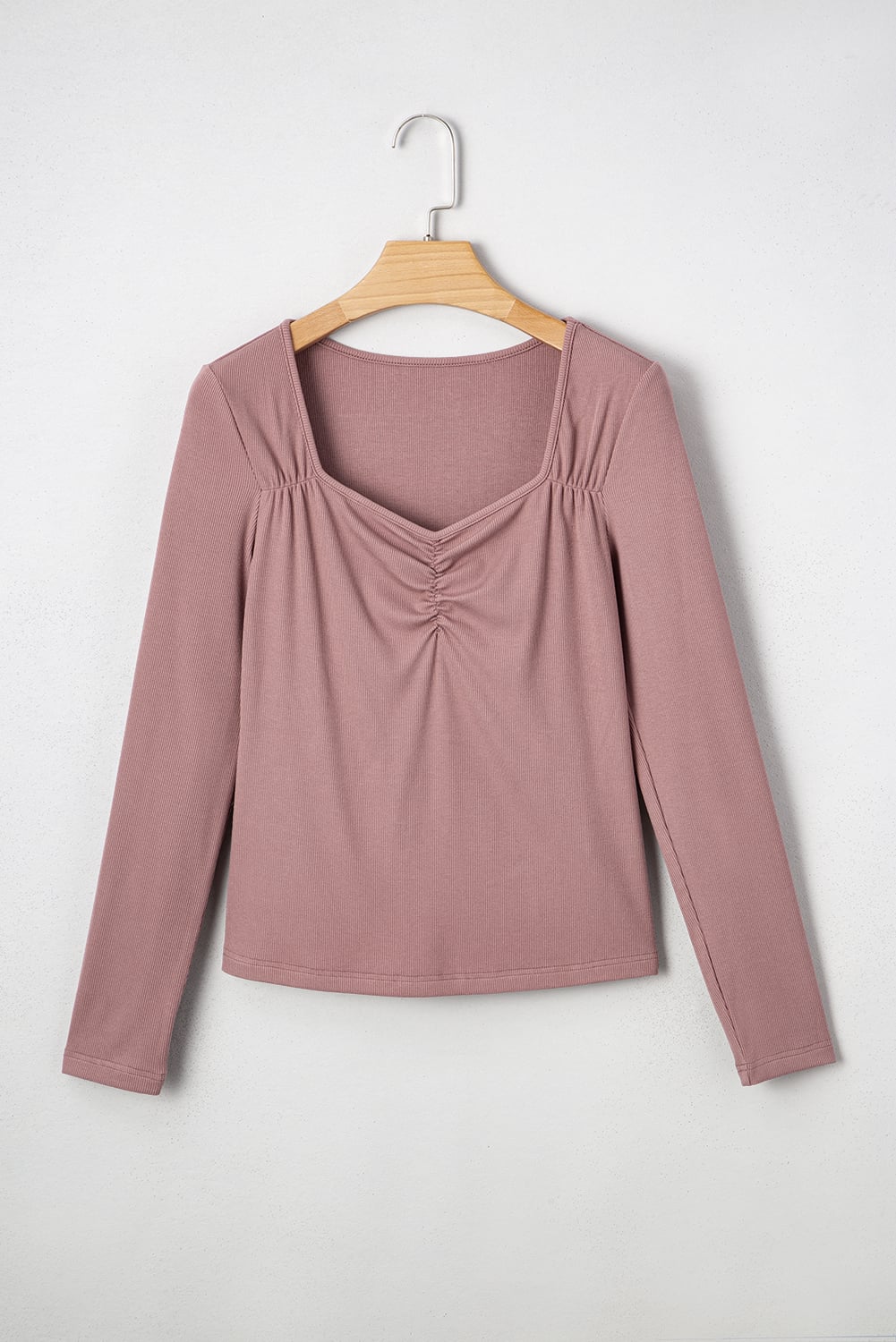 Old Rose Gathered Bust Square Neck Ribbed Fit Long Sleeve Top