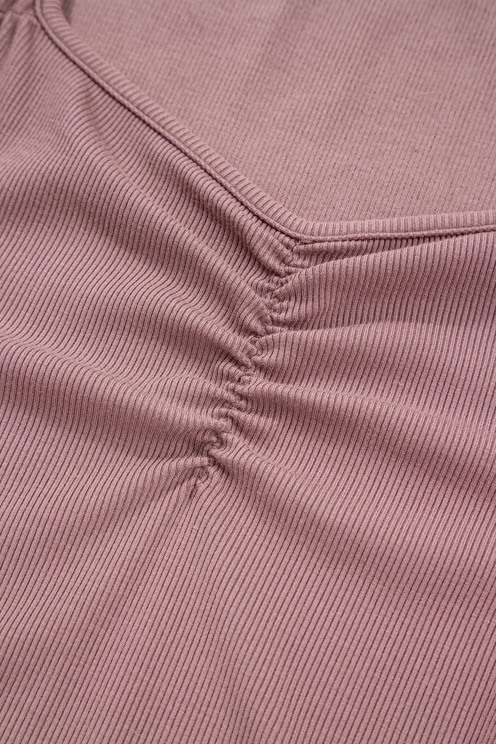 Old Rose Gathered Bust Square Neck Ribbed Fit Long Sleeve Top