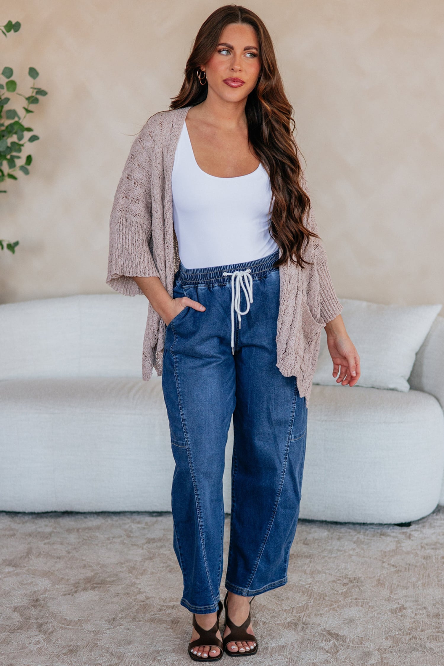 Old Rose Drop Shoulder Crochet Knit Open Front Cardigan