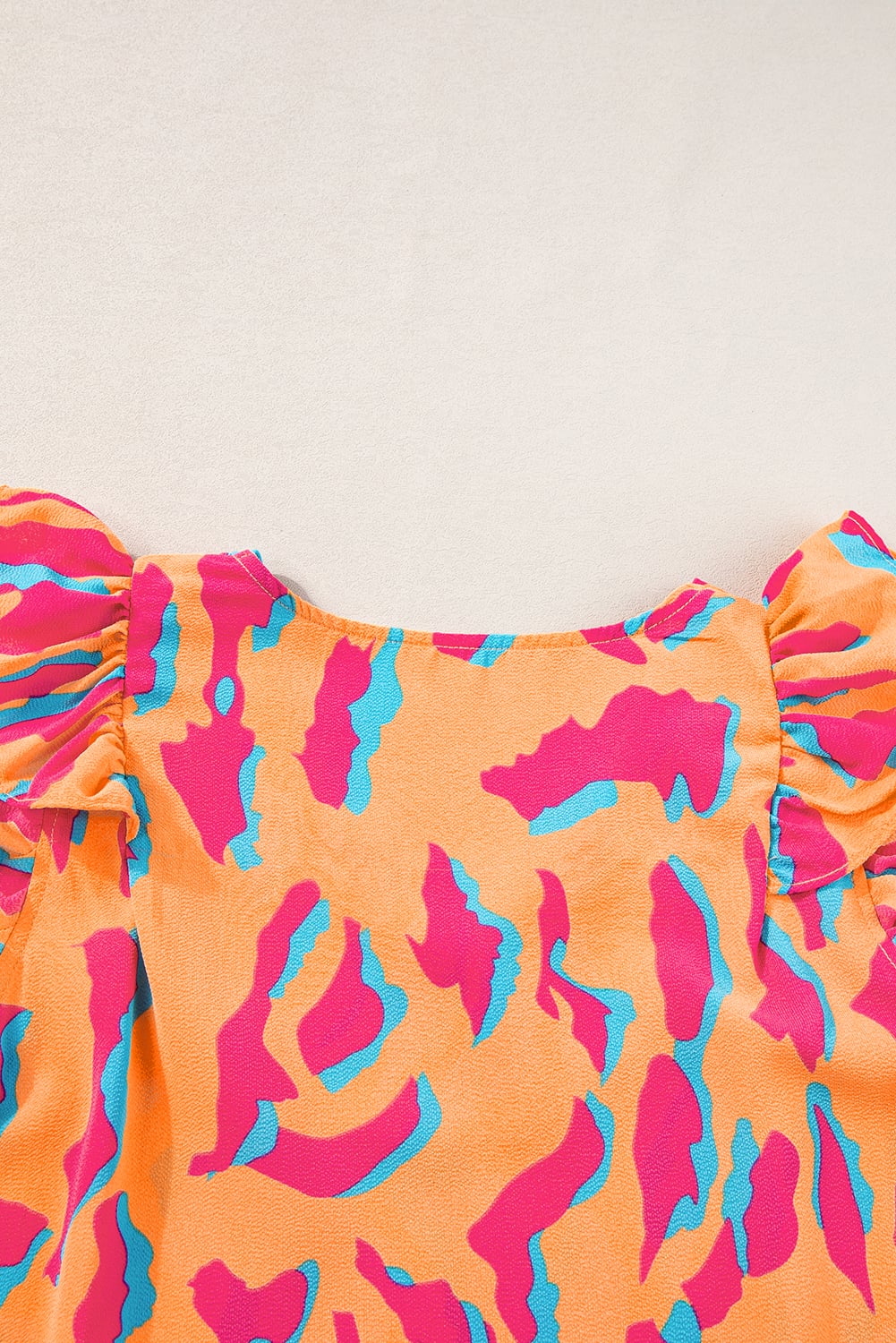 Orange Abstract Print V Neck Ruffled Sleeve Blouse