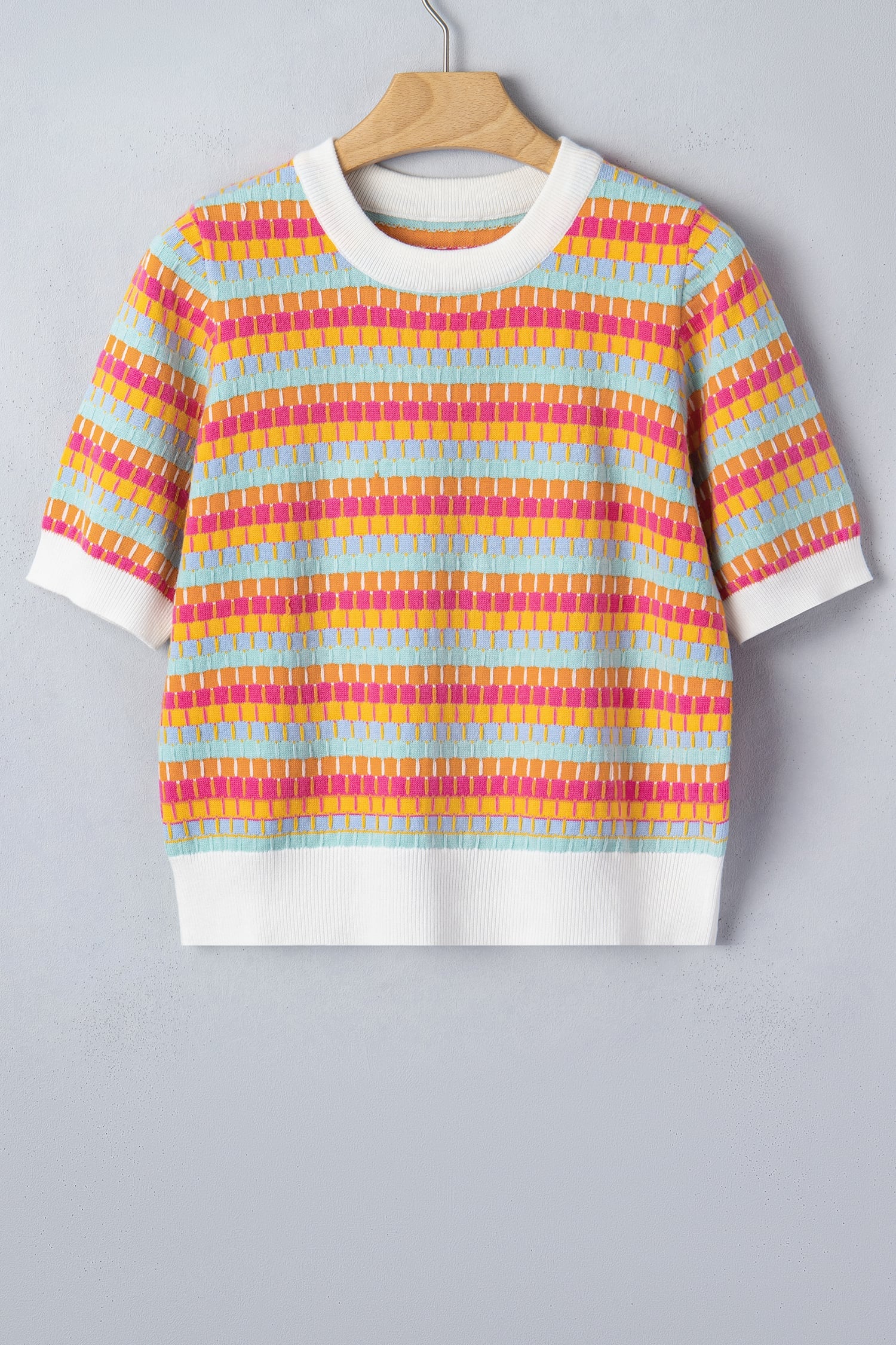 Orange Abstract Striped Knit Short Sleeve Sweater