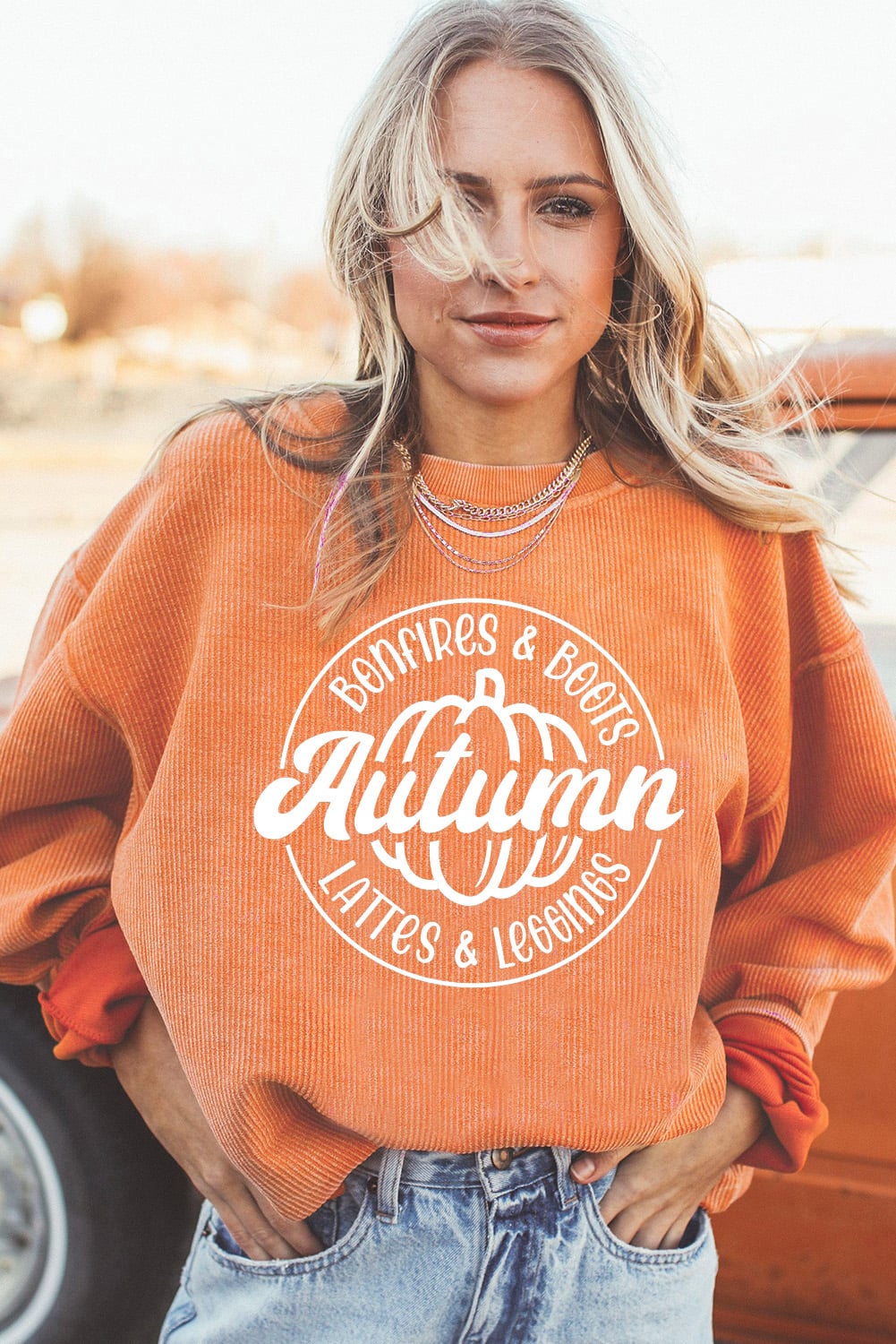 Orange Autumn Pumpkin Graphic Print Corded Oversized Sweatshirt