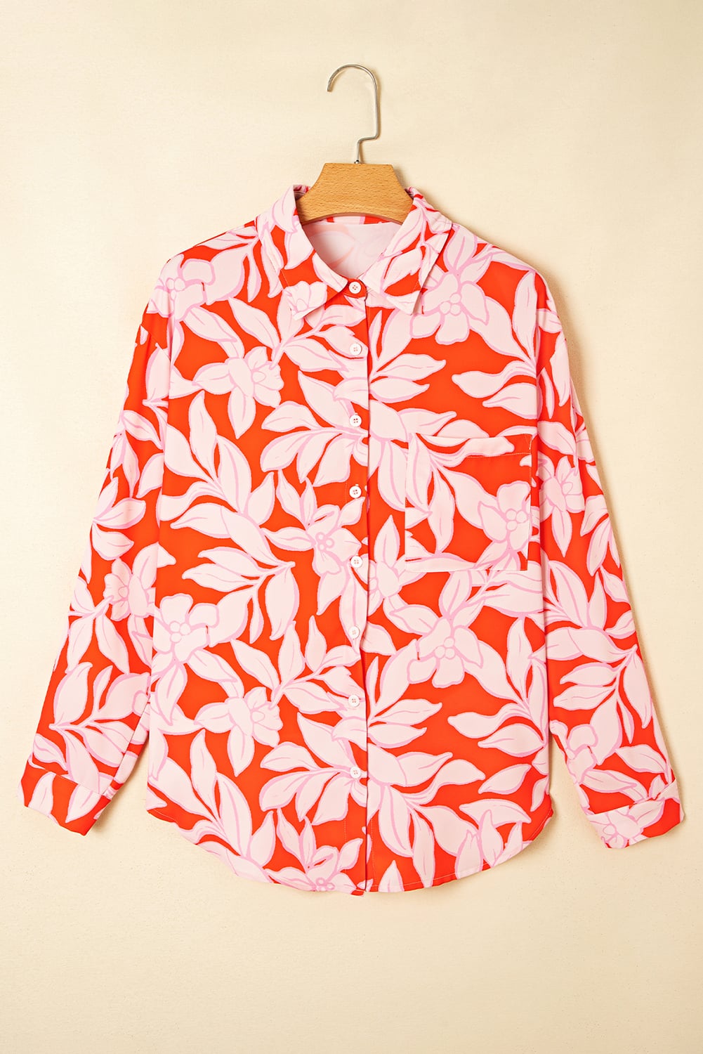 Orange Botanical Print Single Chest Pocket Button Up Shirt