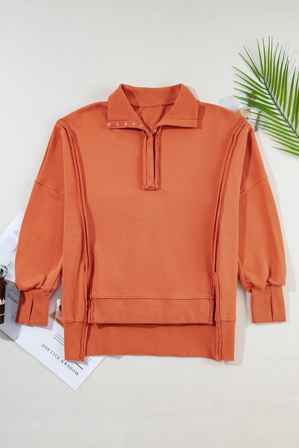 Orange Buttoned Collared Raw Detail High Low Baggy Sweatshirt with Slits