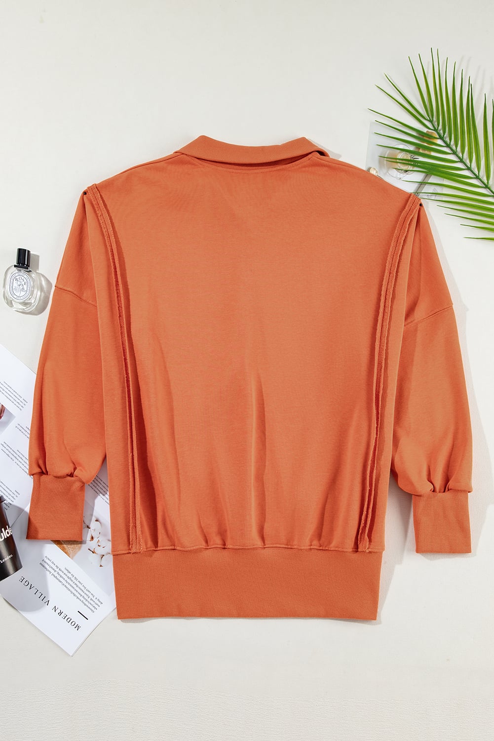Orange Buttoned Collared Raw Detail High Low Baggy Sweatshirt with Slits