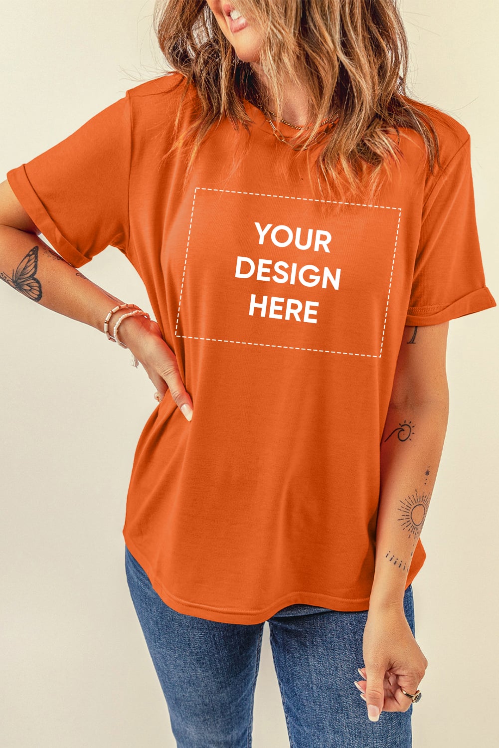 Orange Casual Plain Crew Neck Tee