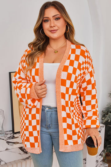 Orange Plus Size Checkered Bubble Sleeve Drop Shoulder Open Cardigan