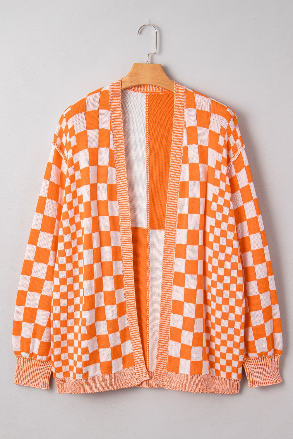 Orange Plus Size Checkered Bubble Sleeve Drop Shoulder Open Cardigan