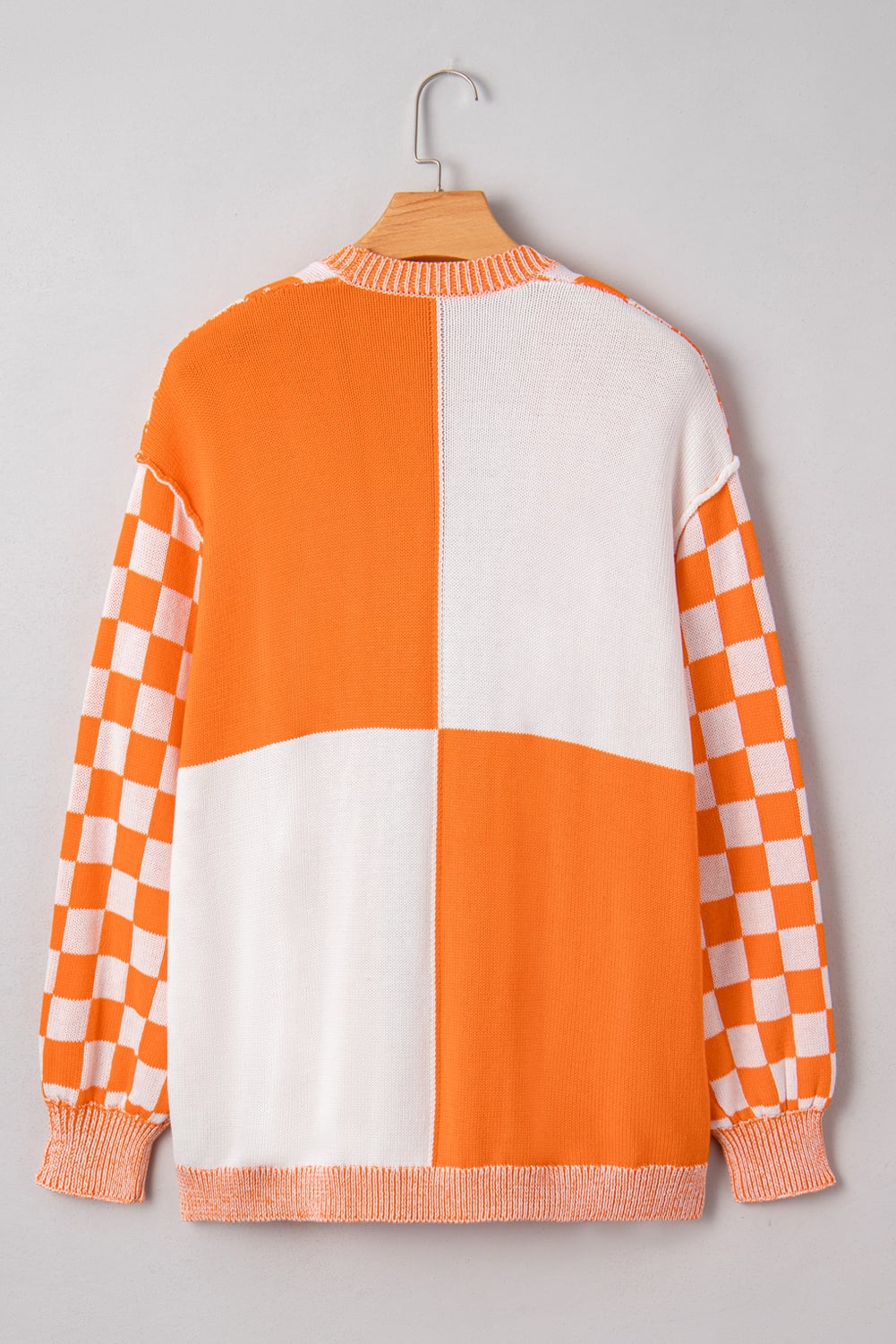 Orange Plus Size Checkered Bubble Sleeve Drop Shoulder Open Cardigan