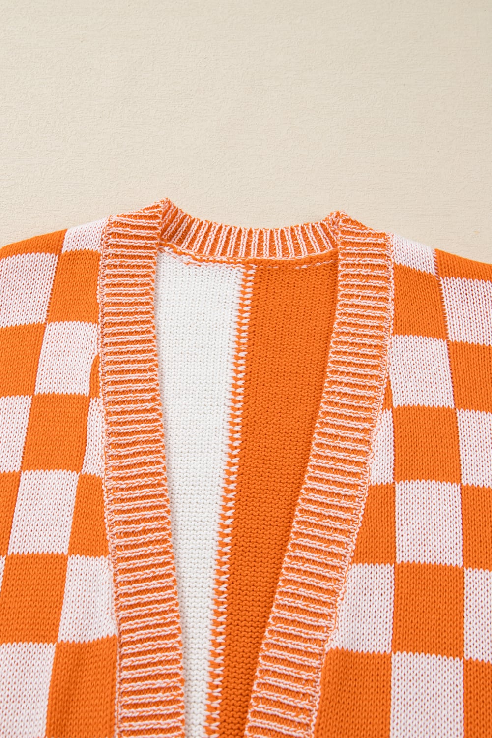 Orange Plus Size Checkered Bubble Sleeve Drop Shoulder Open Cardigan