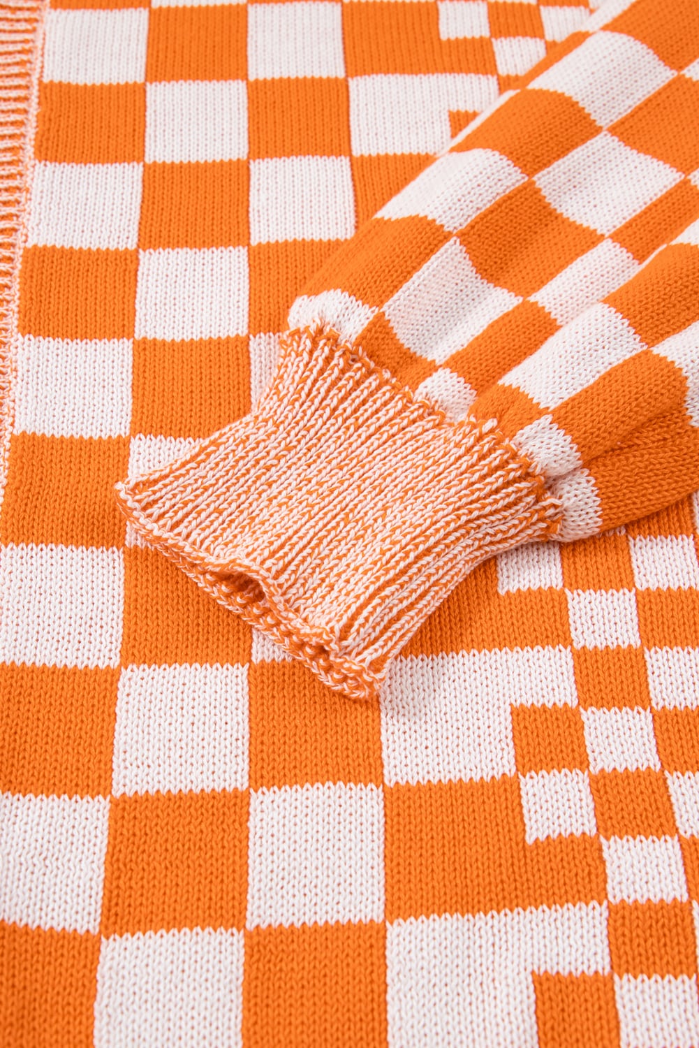 Orange Plus Size Checkered Bubble Sleeve Drop Shoulder Open Cardigan