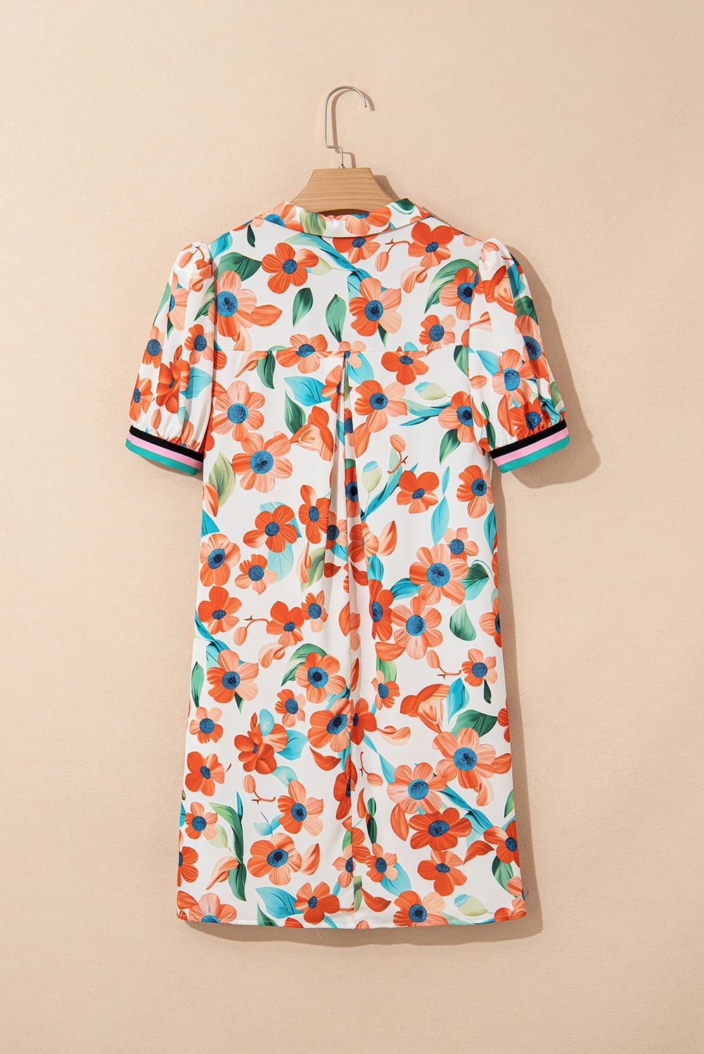 Orange Contrast Trim Floral Split Neck Puff Short Sleeve Tiered Mini Dress