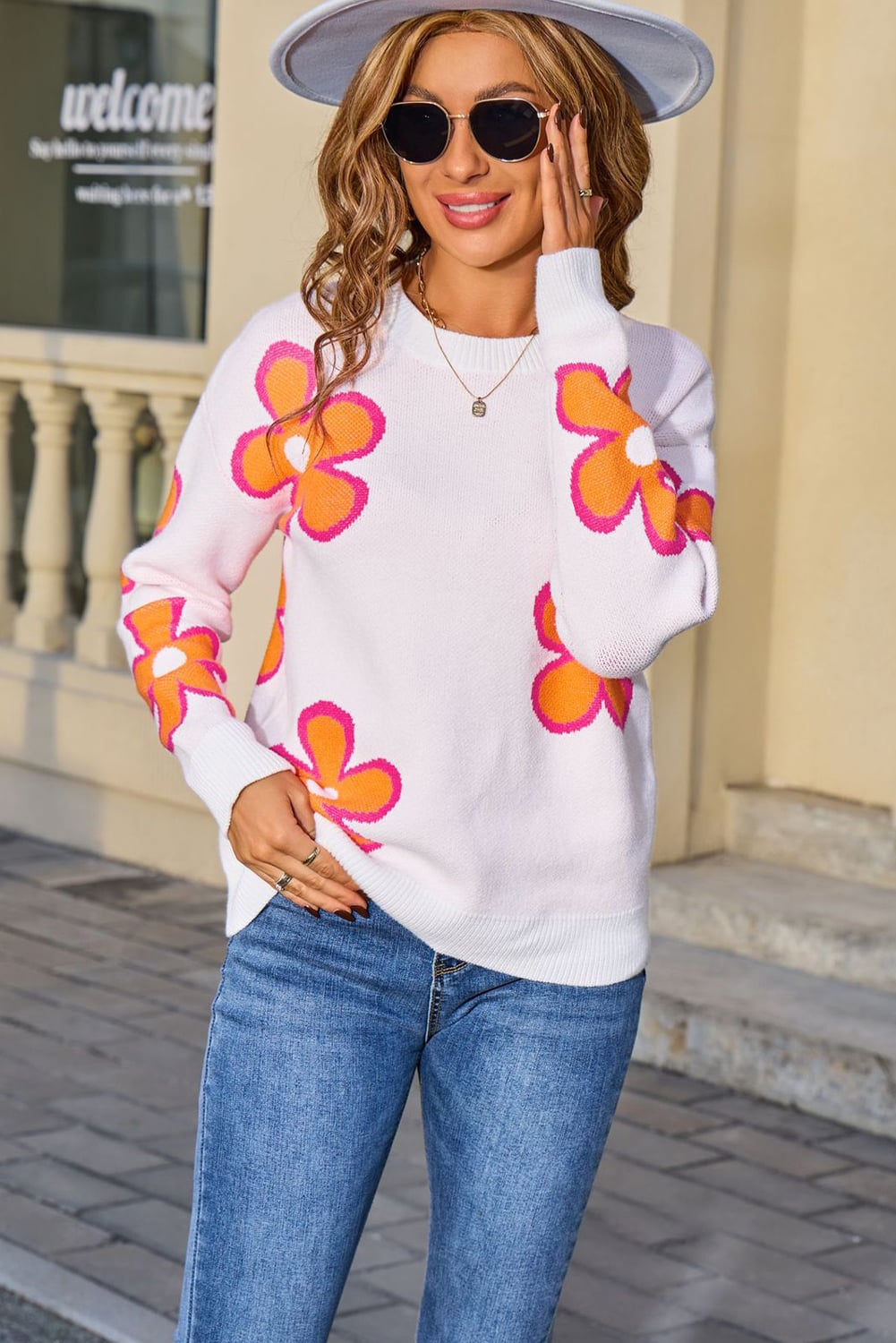 Orange Cute Flower Drop Shoulder Ribbed Crew Neck Sweater