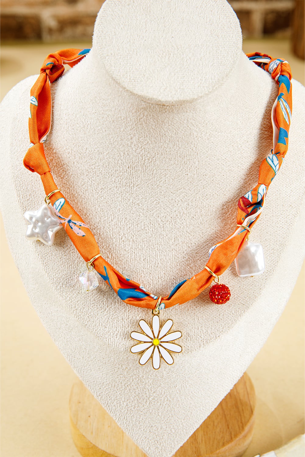 Orange Dragonfly Print Daisy Flower Pearl Crystal Decor Ribbon Necklace