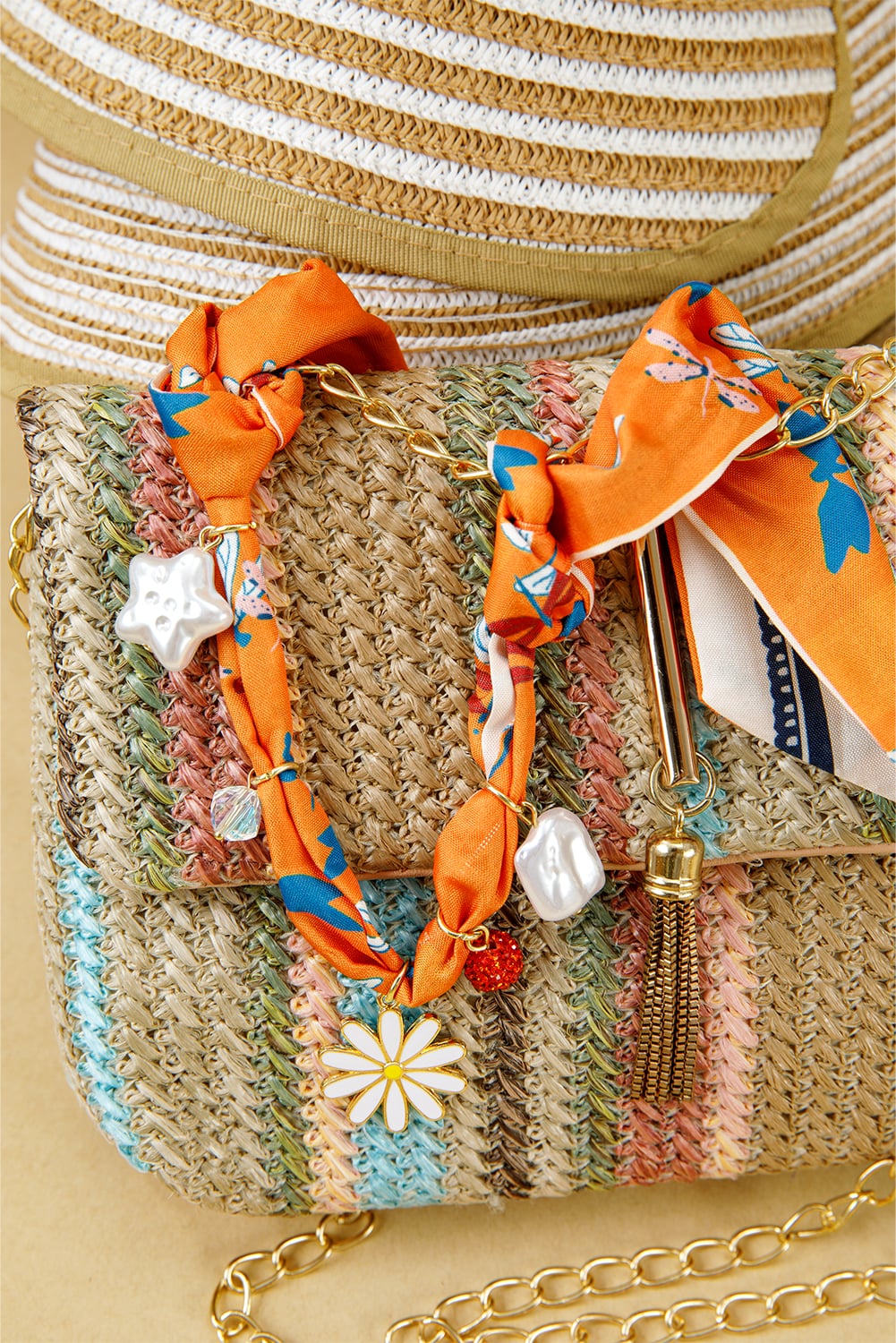 Orange Dragonfly Print Daisy Flower Pearl Crystal Decor Ribbon Necklace