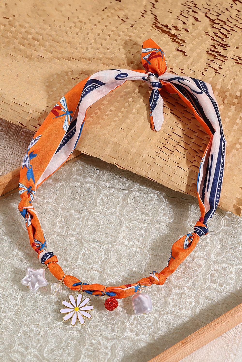 Orange Dragonfly Print Daisy Flower Pearl Crystal Decor Ribbon Necklace