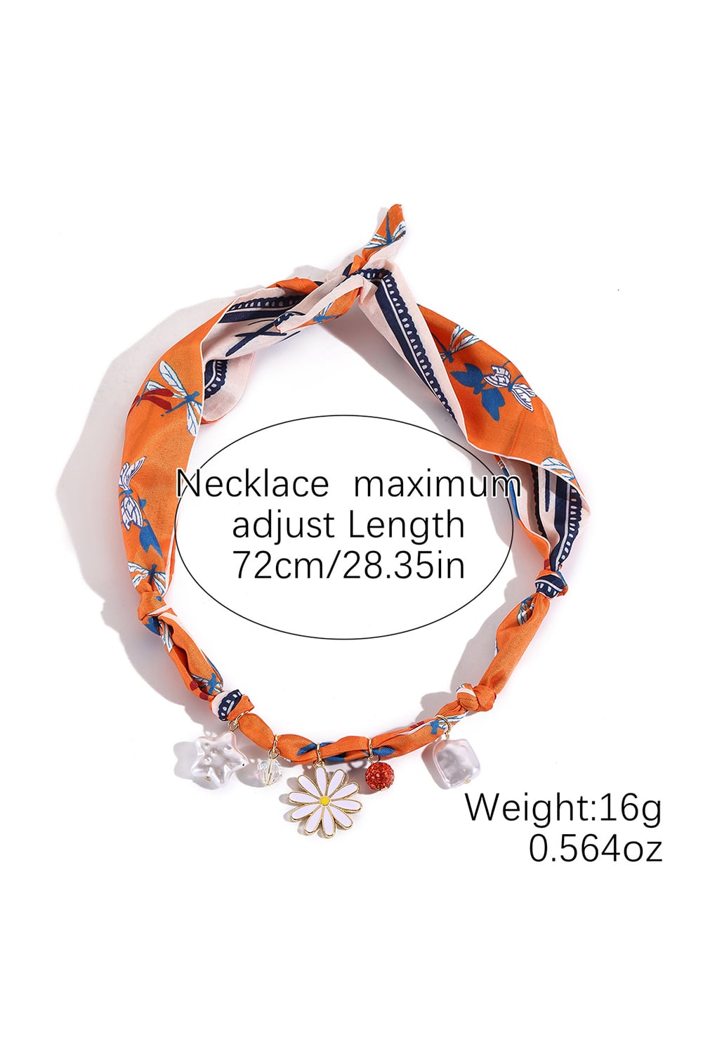 Orange Dragonfly Print Daisy Flower Pearl Crystal Decor Ribbon Necklace