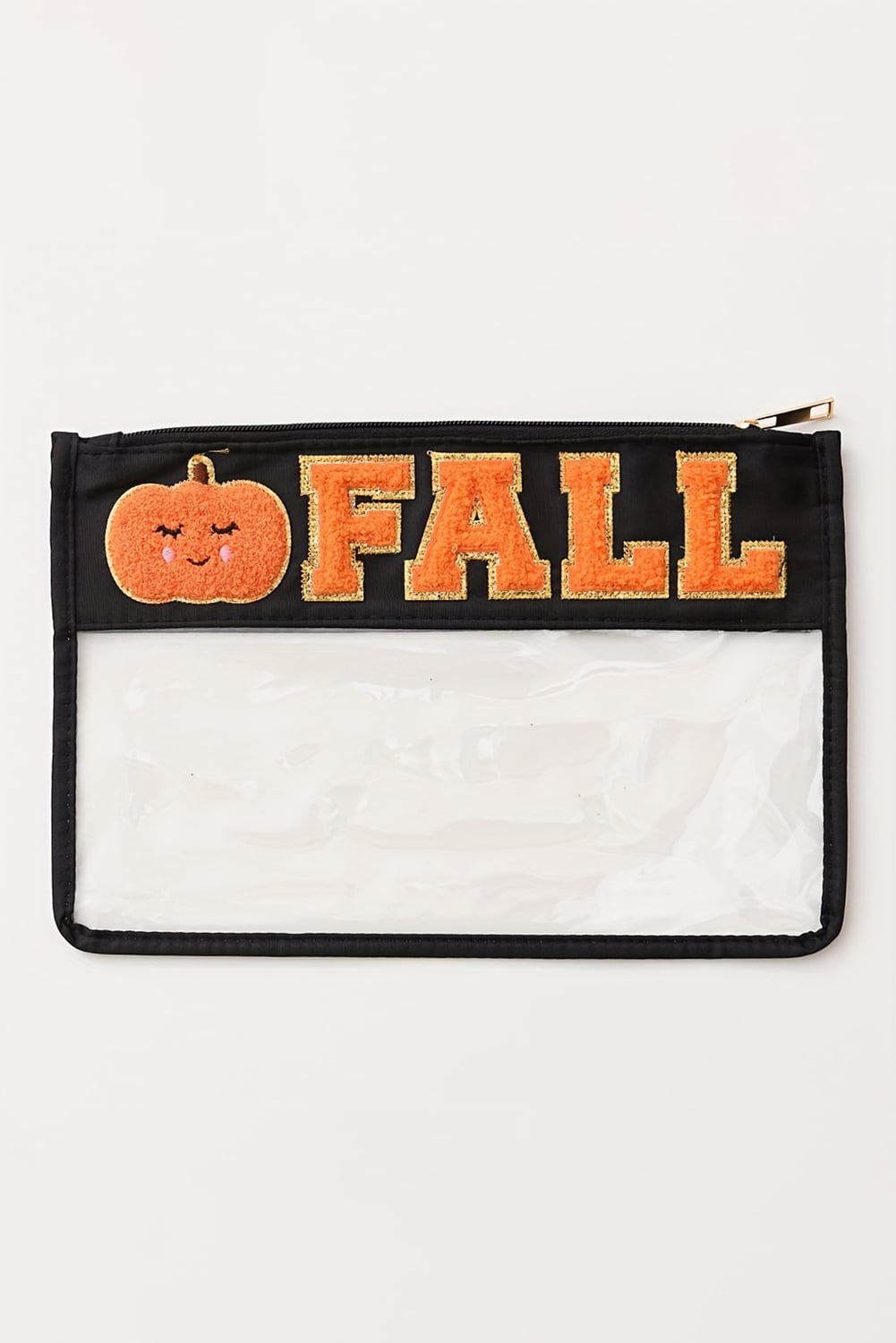 Orange FALL Pumpkin Chenille Detail Clear Zip Pouch
