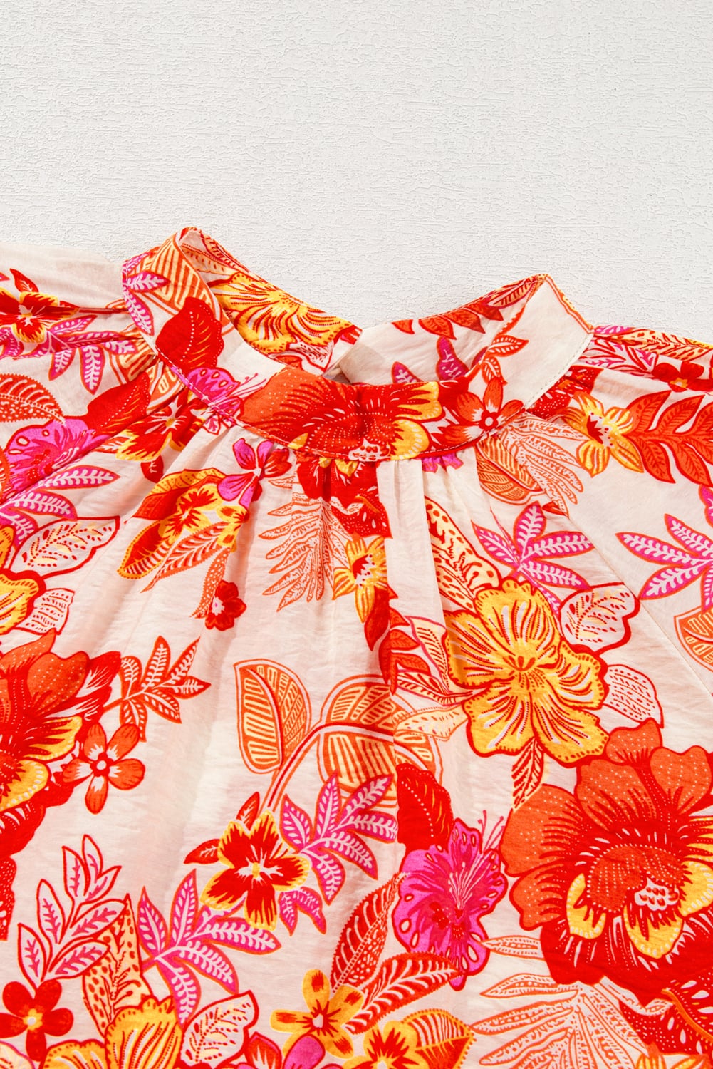 Orange Floral Print Pearl Button Keyhole Long Puff Sleeve Blouse