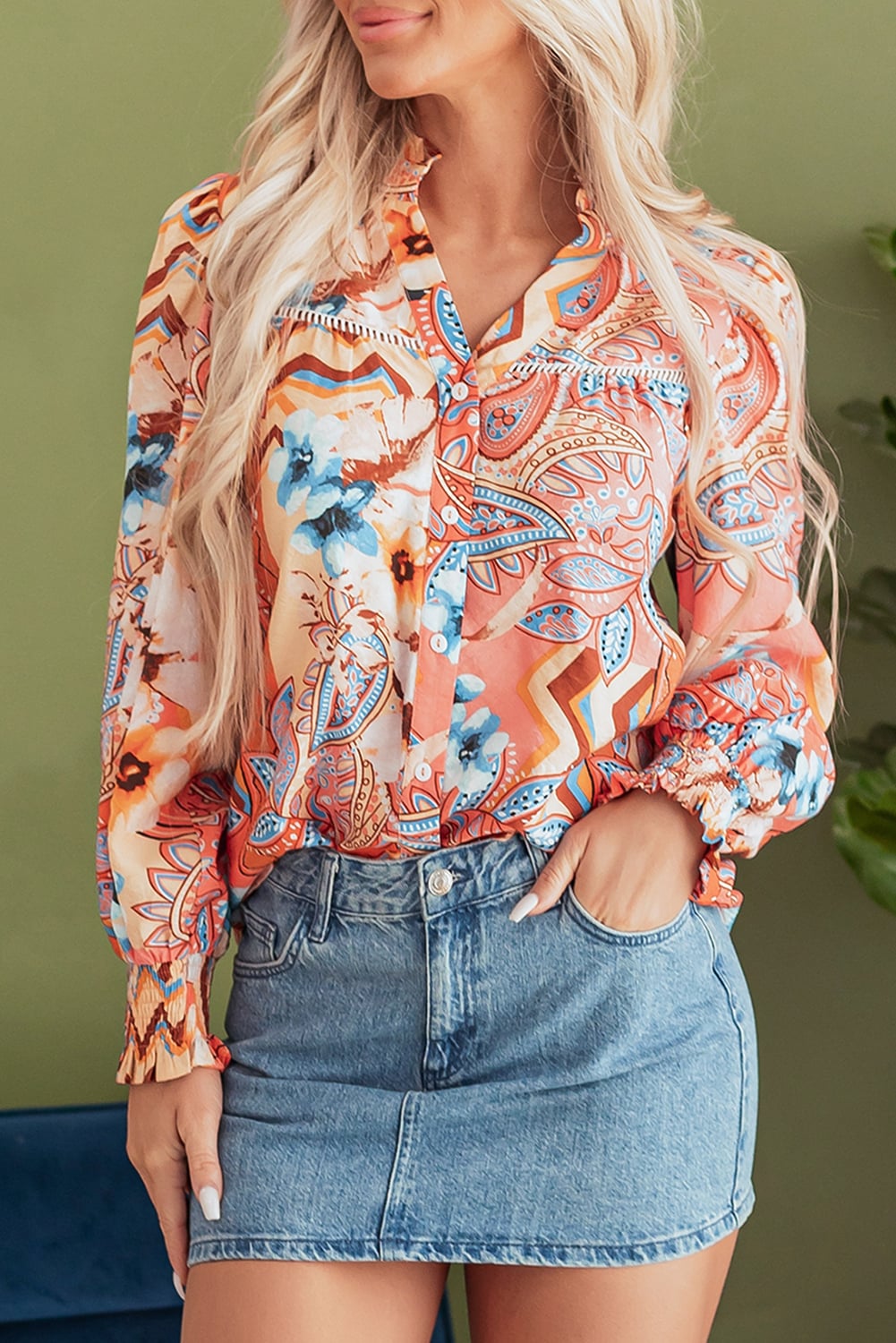 Orange Floral Print Shirred Cuff Buttoned Loose Shirt