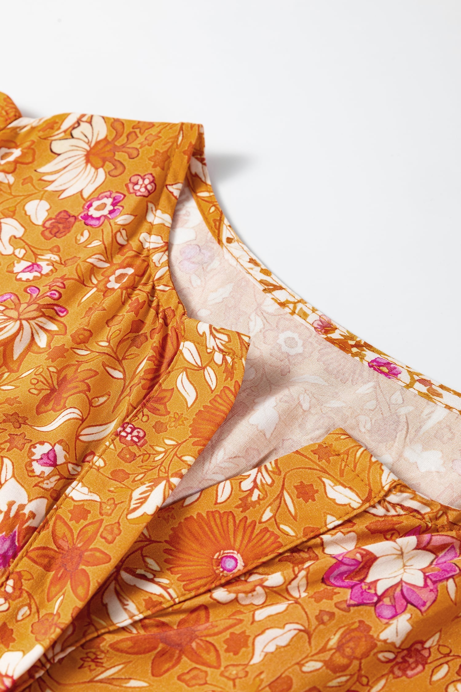 Orange Floral Print Smocked Waist Long Sleeve Boho Maxi Dress