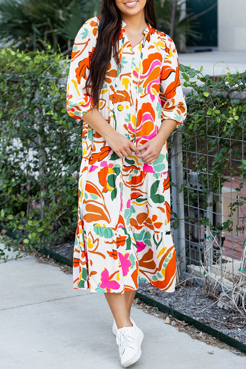 Orange Floral Print Split V Neck Tiered Maxi Dress