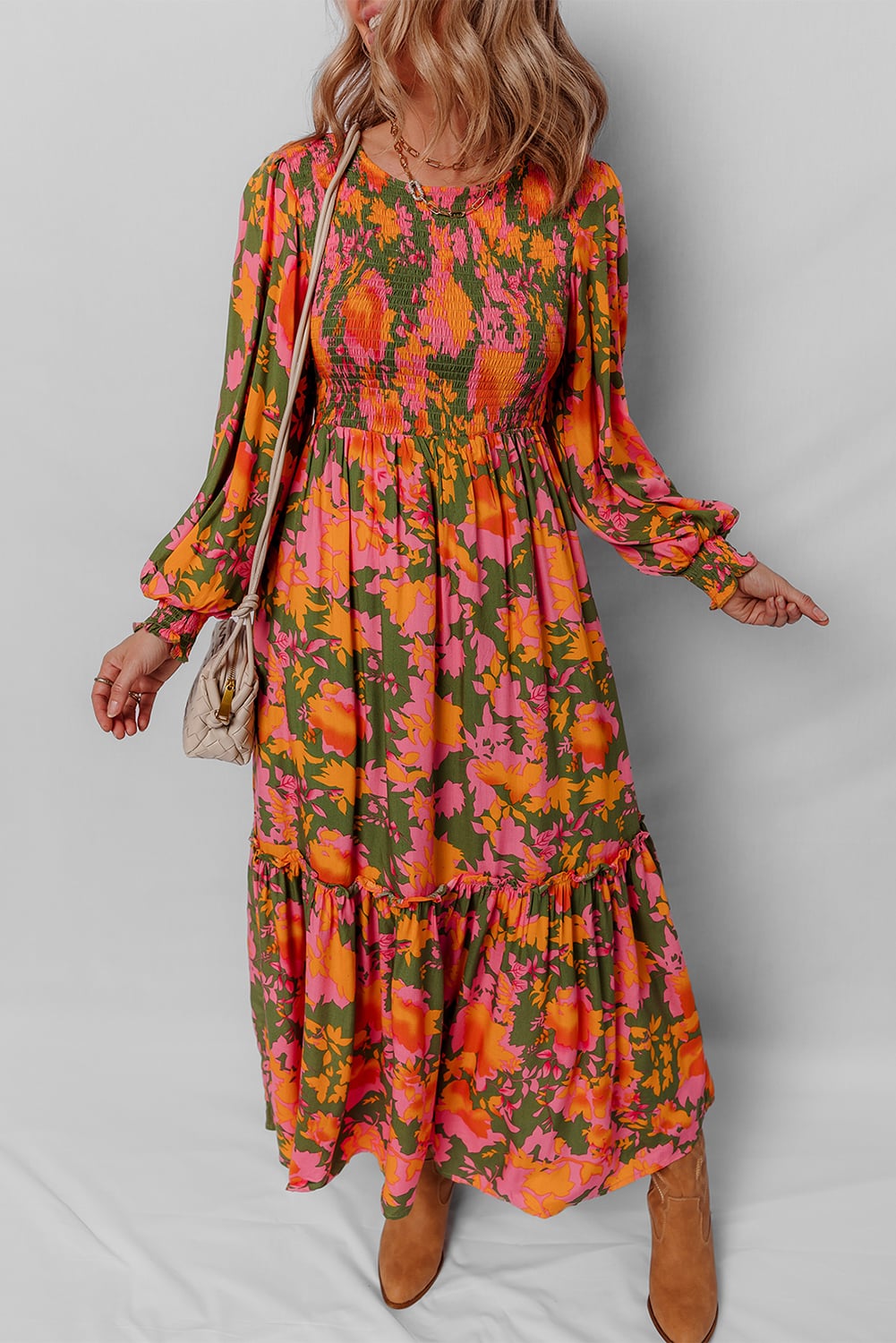 Orange Floral Puff Sleeve Smocked Bodice Ruffled Long Dress