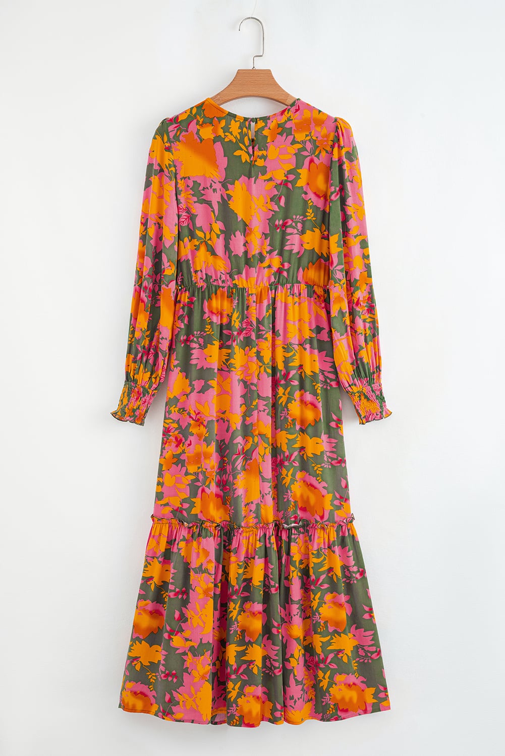 Orange Floral Puff Sleeve Smocked Bodice Ruffled Long Dress