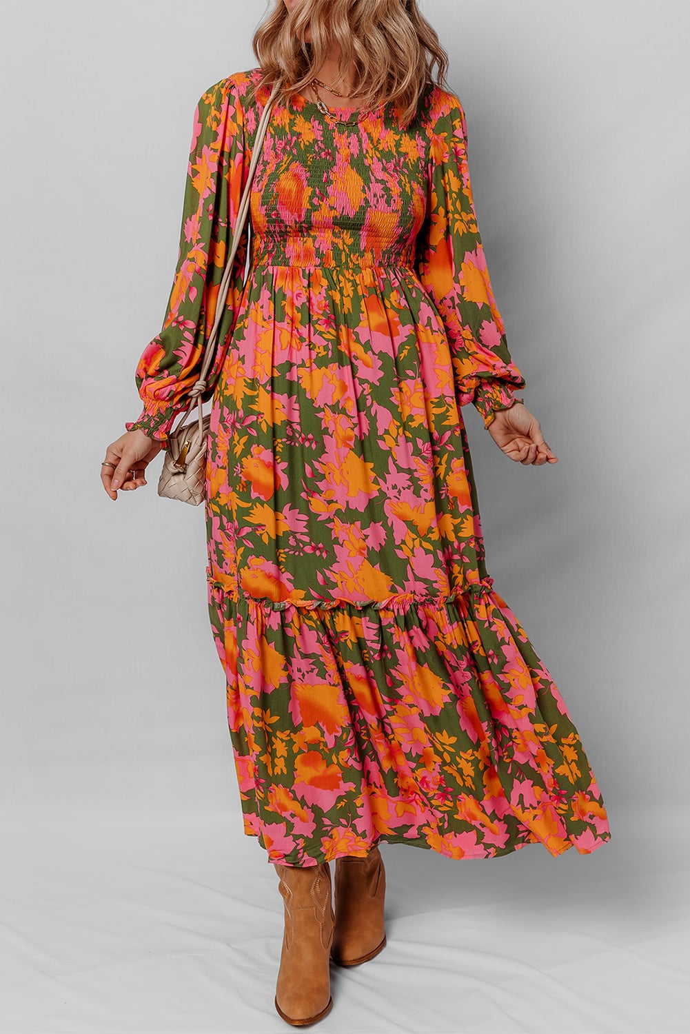 Orange Floral Puff Sleeve Smocked Bodice Ruffled Long Dress