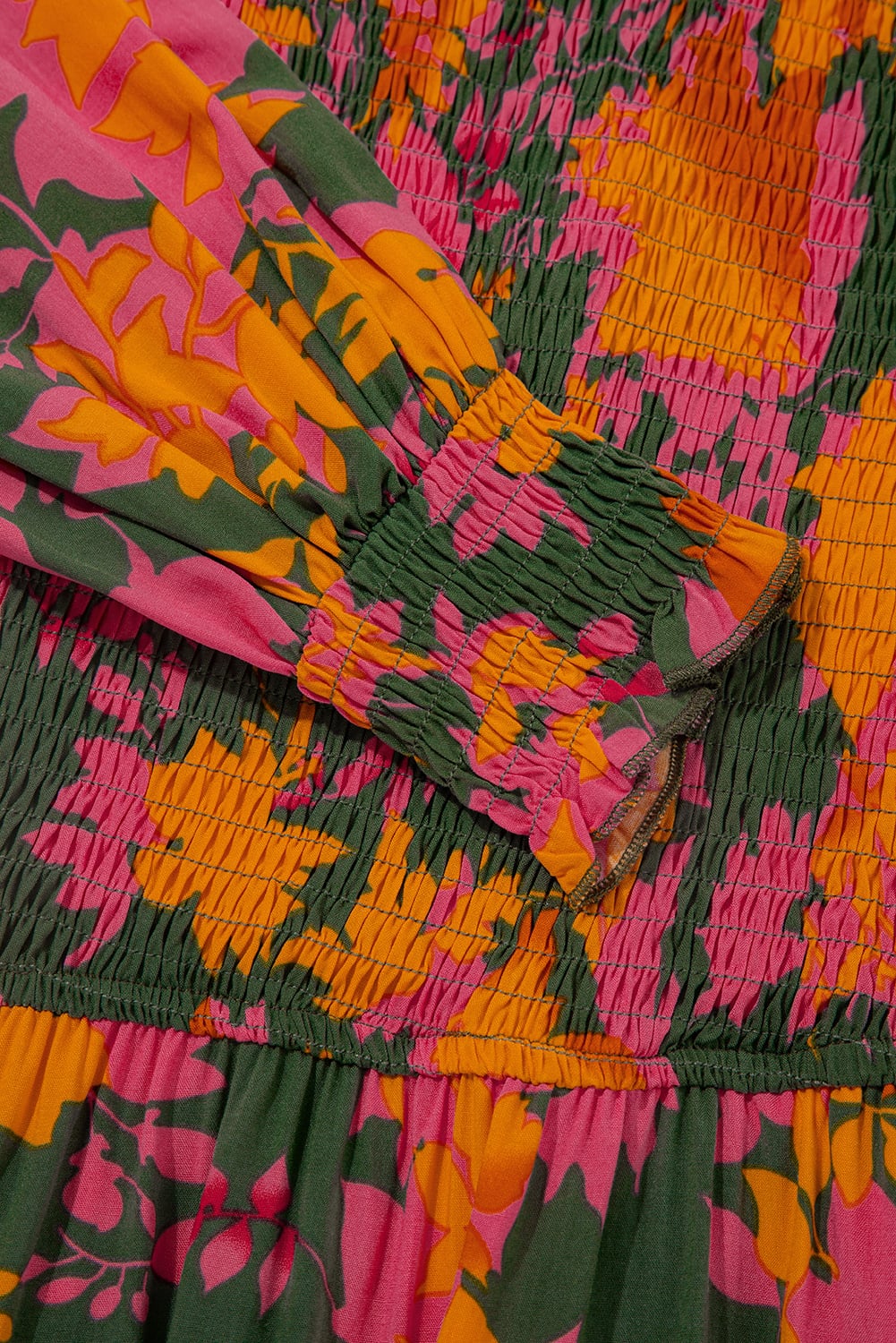 Orange Floral Puff Sleeve Smocked Bodice Ruffled Long Dress