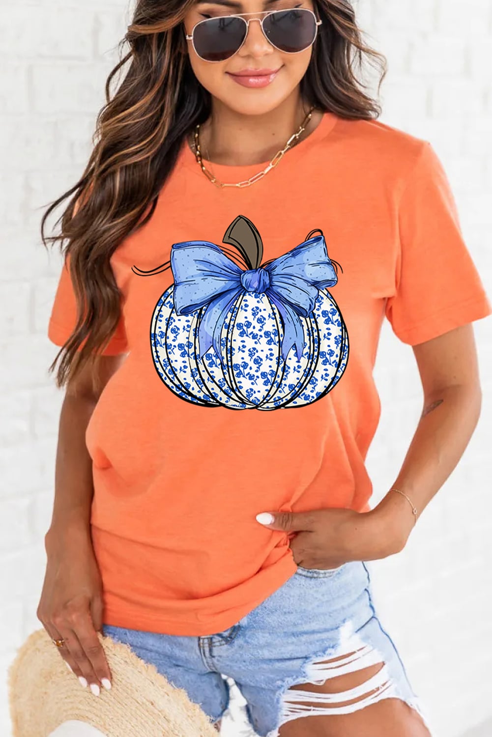 Orange Floral Pumpkin Bow Print Thanksgiving T Shirt