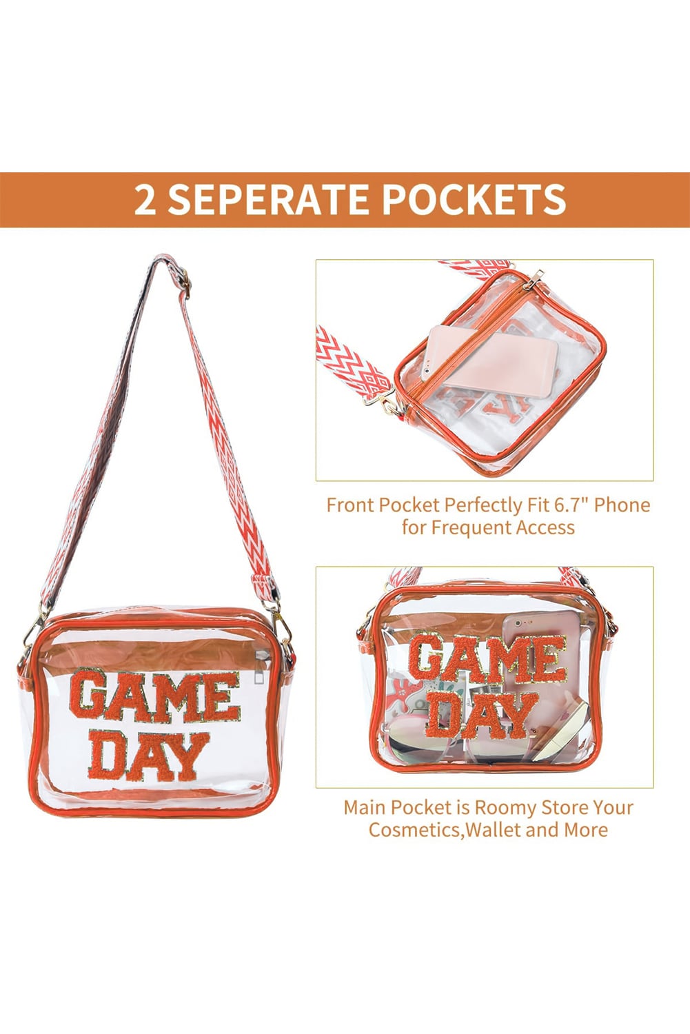 Orange Clear PVC GAME DAY Summer Fashion Single Shoulder Bag
