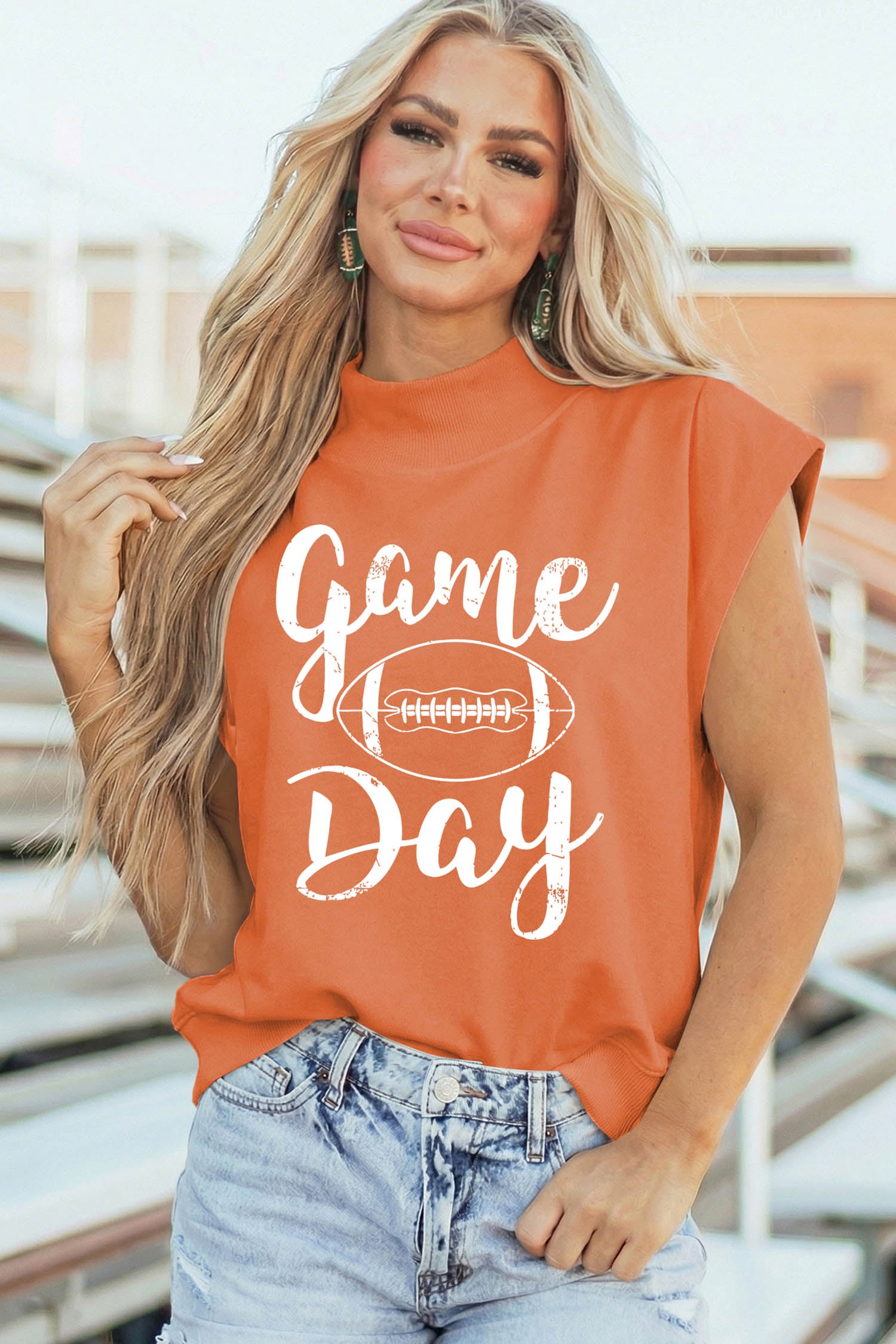 Orange Game Day Rugby Graphic High Neck Short Sleeve Tunic Top