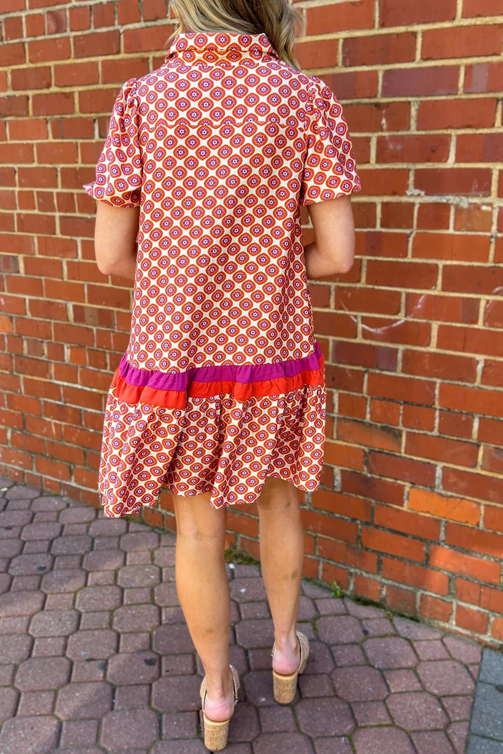 Orange Geometric Floral Print Color Block Trim Button Front Ruffle Hem Dress