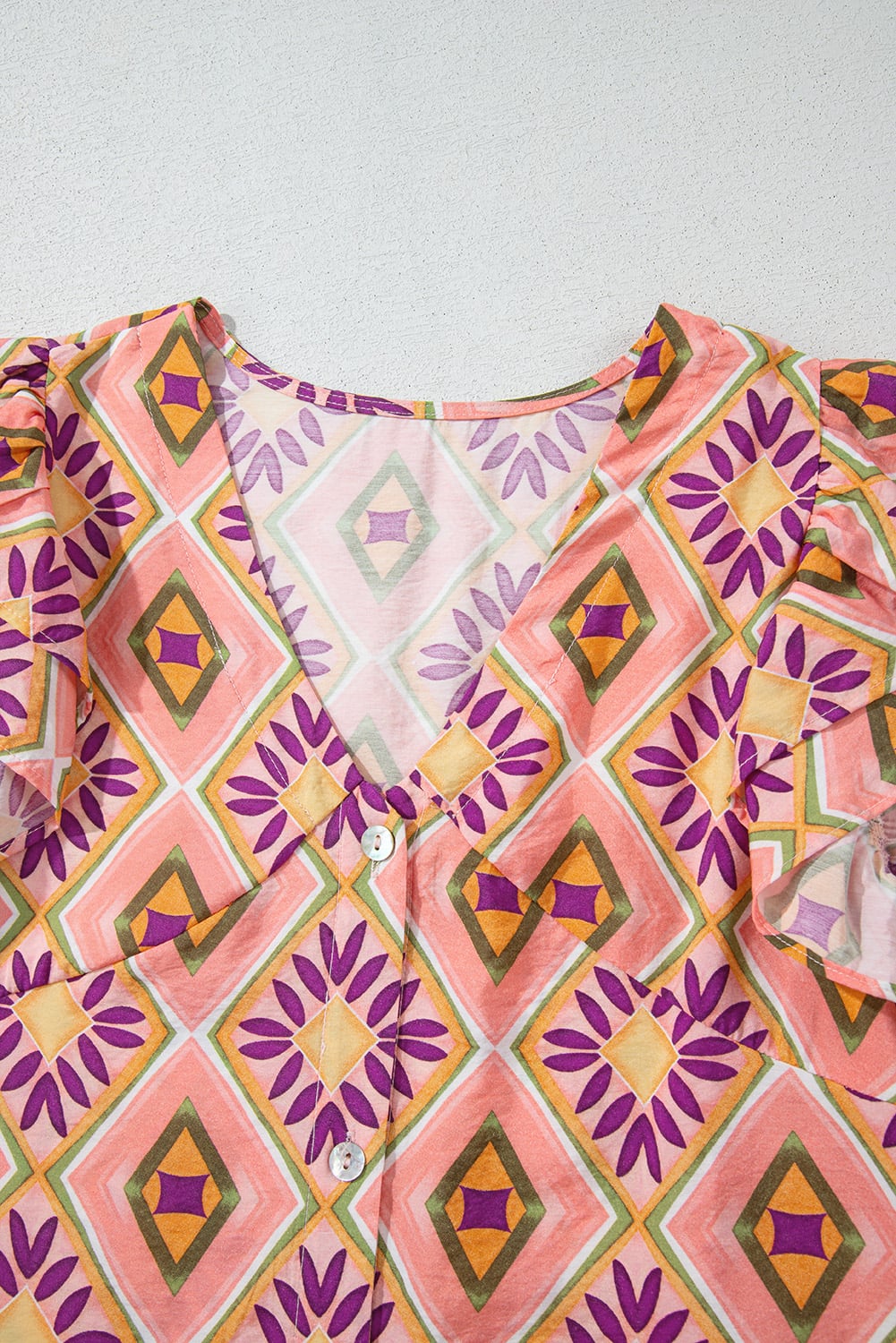 Orange Geometric Floral V Neck Buttoned Ruffled Sleeve Mini Dress
