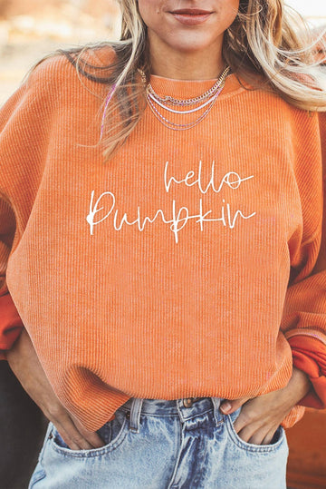 Orange hello pumpkin Letter Embroidered 3D Ribbed Texture Baggy Sweatshirt