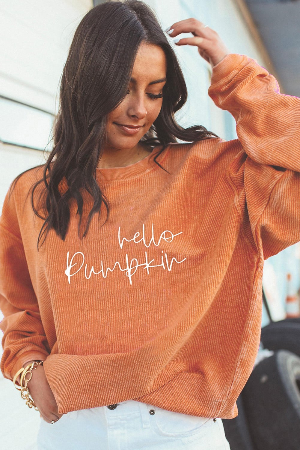 Orange hello pumpkin Letter Embroidered 3D Ribbed Texture Baggy Sweatshirt