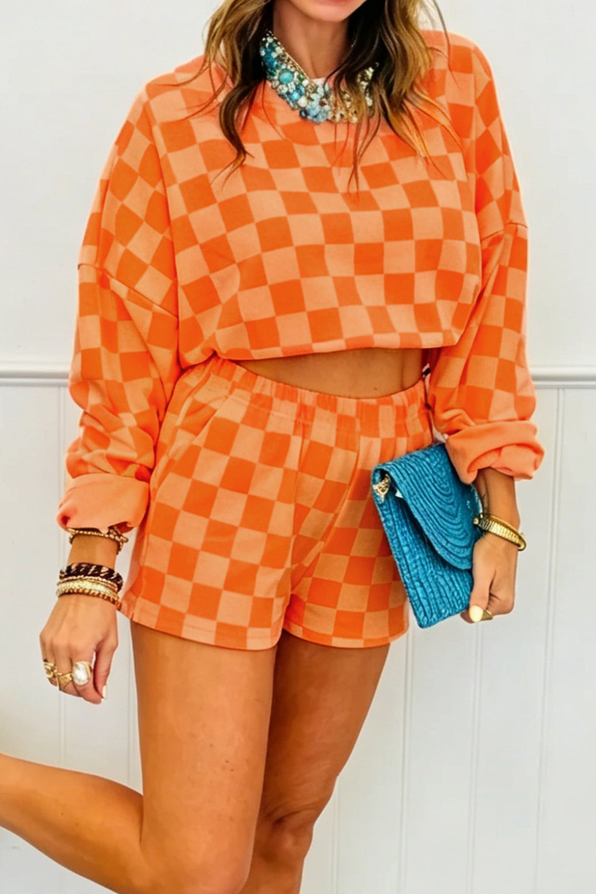 Orange Plaid Checkered Long Sleeve Crop Top Elastic Waist Shorts Two Piece Set